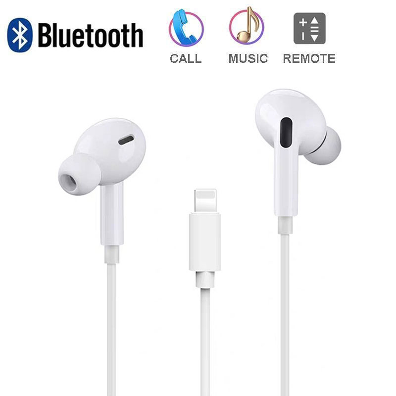 Bluetooth WIRED Lightning Earbuds Airpods Pro Style for Apple iPHONE (White)